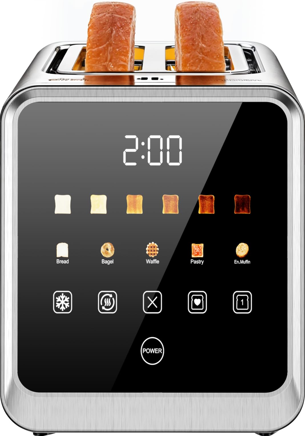 Tostadora con pantalla táctil de 2 rebanadas con ranuras de 1,5" de ancho y recuperación de memoria | Tostadoras digitales inteligentes de acero inoxidable de 900 W | 6 configuraciones de sombra para bagels y pan grueso