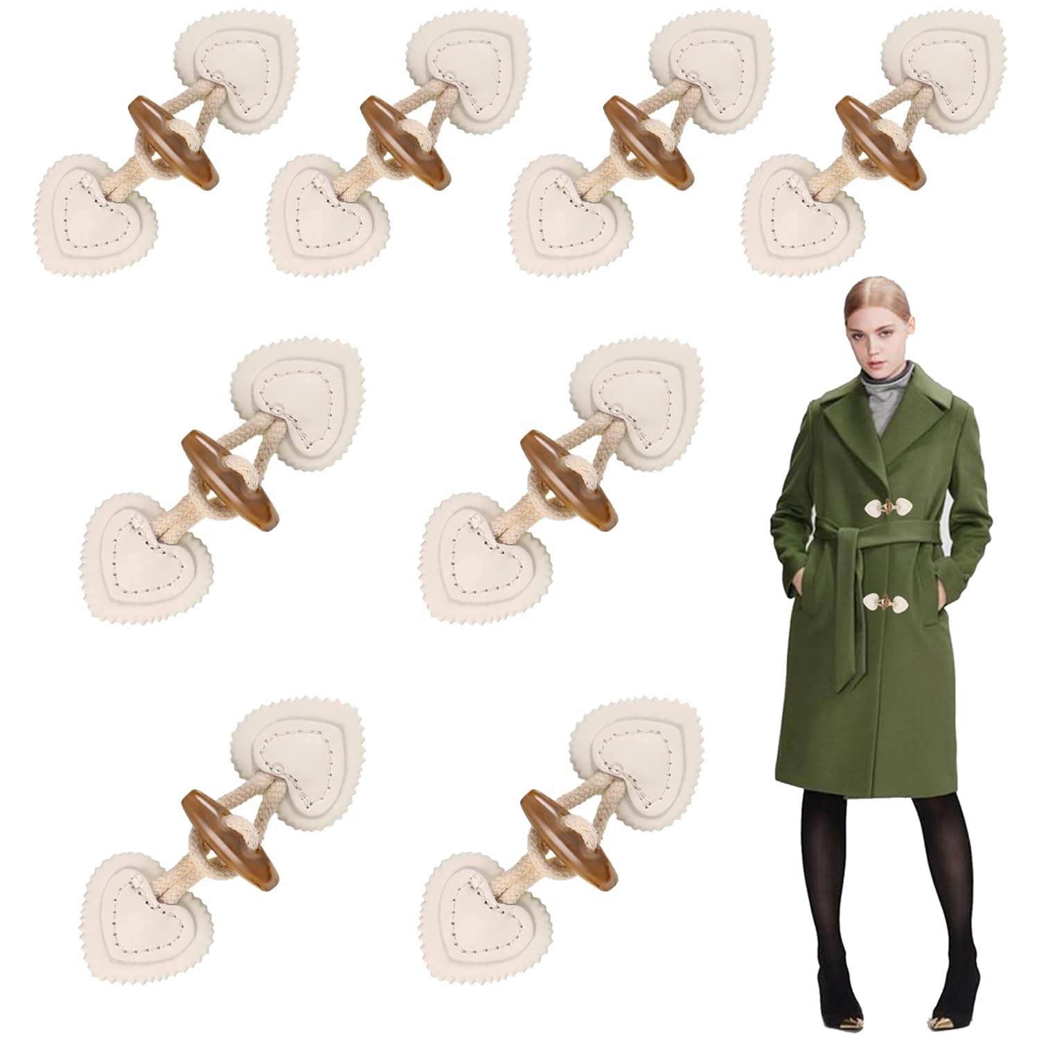 RHQFDM 8 Pairs Toggle Fastenings for Clothes,Sew-On Leather Toggles for Winter Coats,Toggle Buttons with Leather Accents,Children's Duffle Coat Toggles,for Jackets,Trench Coats,Sweaters(Off-White)