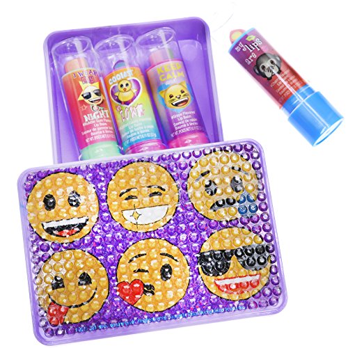 Townley Girl Emoji Super Sparkly Lip Balm for Girls, Four Fruity Flavors with decorative carrying case