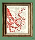 Sea Monster Art Print Red Tentacles llustration beautifully upcycled dictionary page book art print