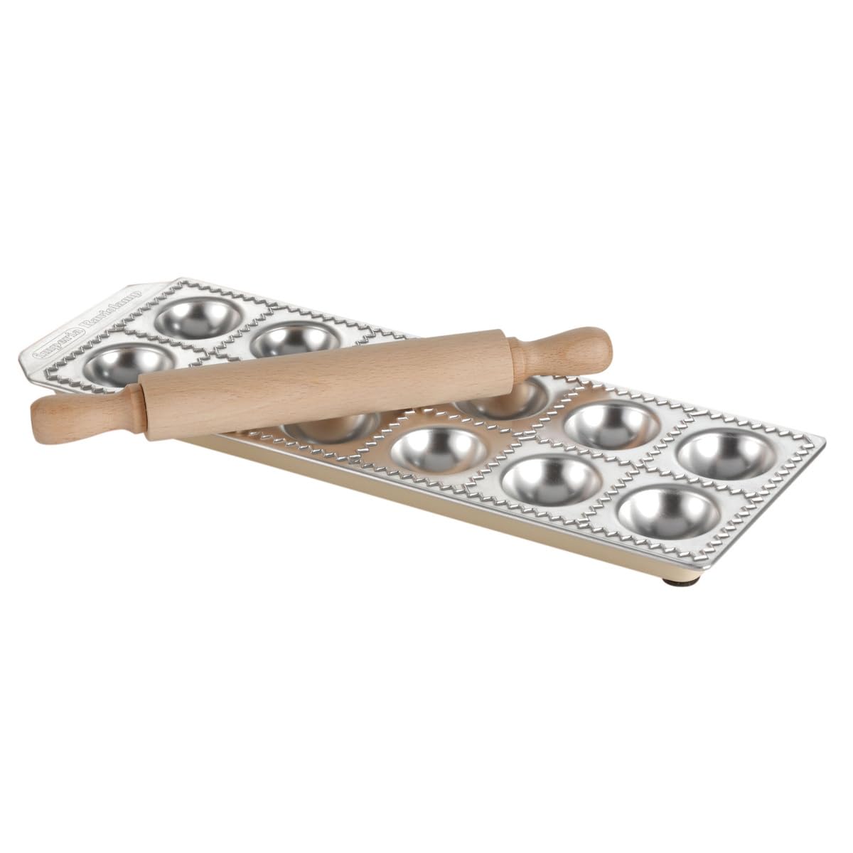 Imperia Italian Twelve Hole Ravioli Mould Tray and Rolling Pin, Silver/Brown, (RAVIOLI12)