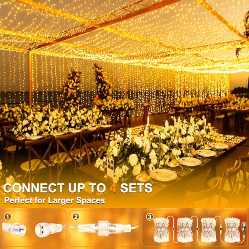 Lichtfam Curtain Lights, 6 x 3 m 600 LED Waterfall Lights with Plug, 8 Modes Decoration Wedding Waterproof Curtain Light for Balcony Garden Party Wall Ceiling Room Indoor Outdoor