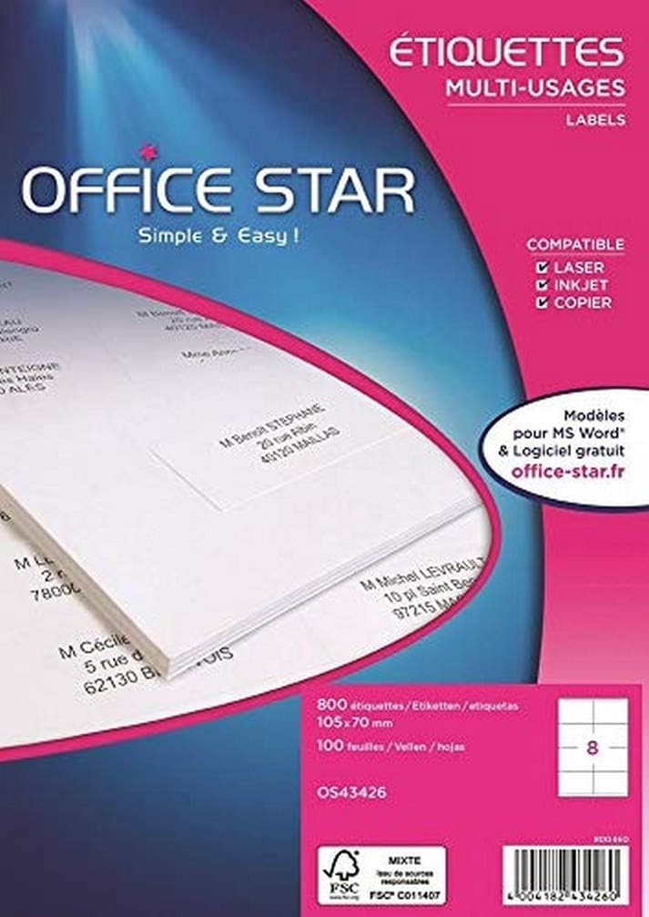Office Star OS43426 Box of 800 Multi-Purpose Labels, 105 x 70 mm in White, 105 x 70mm : 8 etq/feuille