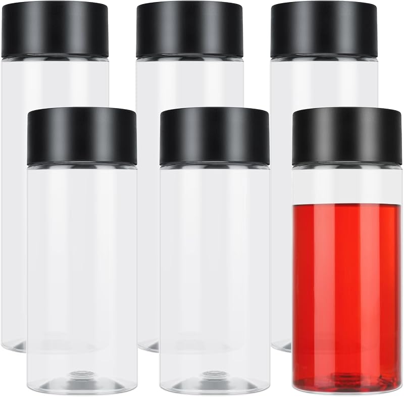 Friusate 6 Pcs Plastic Juice Bottles 400ml 300ml Clear PET with Black Lids