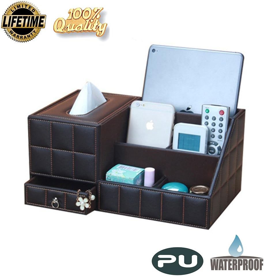 Office Desk Supplies Organizer Pu Leather Multi-Functional Storage Products For Your Home Remote Control Holder Organizer，Pencil Holders For Desks, Caddy, Organizer-Leather-Also Holds Phones, Tissue Box，Tablets, Books (Brown)