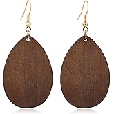 KaFu Dangle Natural Wood Teardrop Geometric Lightweight Drop Circle Earrings Stainless Steel Stud Bohemia Retro Earrings for Women