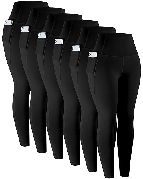 LZYVOO Leggings with Pockets for Women, 6 Packs Soft High Waisted Tummy Control Workout Yoga Pants(6Black-L)