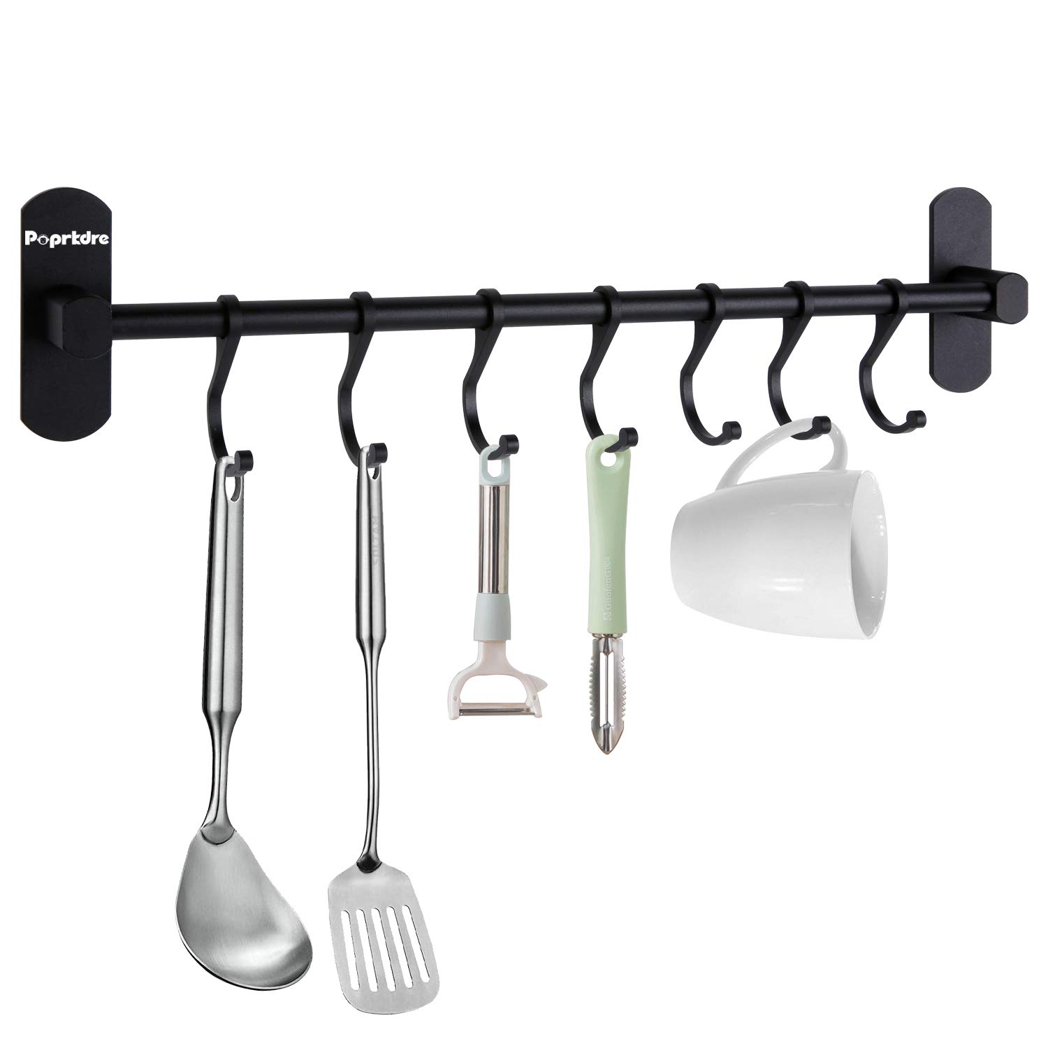 Poprkdre Aluminium Kitchen Utensil Holder, Hanging Rack with 7 Sliding Hooks for Pans, Pots, Cups etc