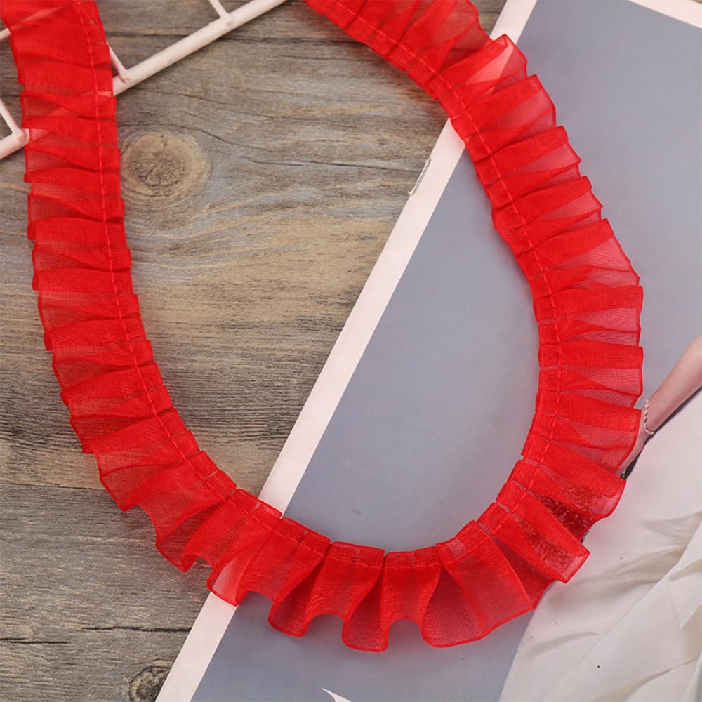 Wambere 30 Yards 2.5cm Lace Ribbon Ruched Ruffle Lace Trim Elastic Fabric Lace Trim, Vintage Lace Trims Decor, for DIY Sewing Crafts Wedding Decor Scrapbooking Gift Wrapping,Red