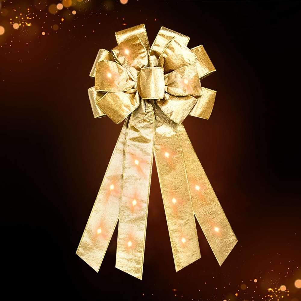 Bows & Ribbons - Large Christmas Wreath Bows with Mini LED Strip Christmas Champagne Gold Velvet Ribbon Bows for Wreath, Tree Topper Bows for Xmas New Year Home Indoor Outdoor Party Decoration Wreath Ornament Supplies