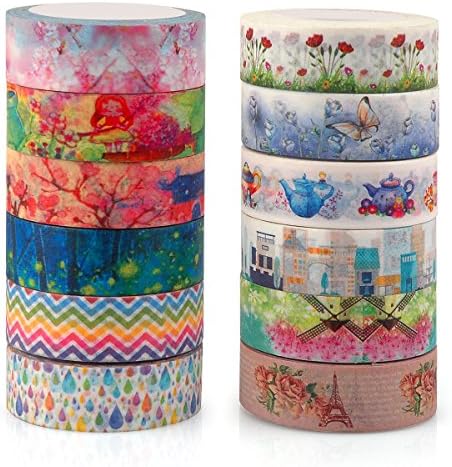 Unique Masking Washi Tape Collection for Arts and DIY Crafts, Scrapbooking, Bullet Journal, Planner, Gift Wrapping (Set of 12 Rolls)
