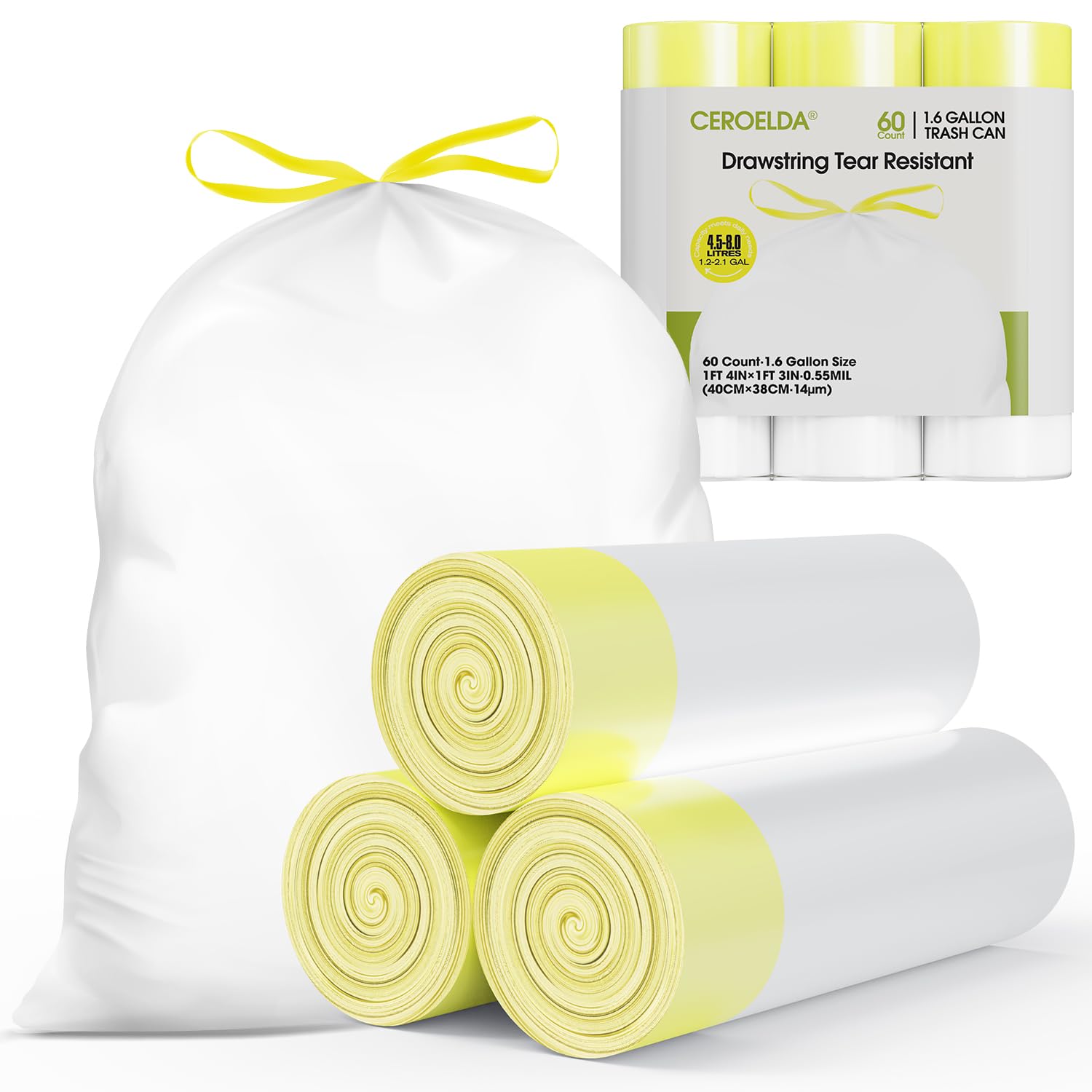 Photo 1 of CEROELDA 1.6 Gallon Small Trash Bags, 60 Count Mini Drawstring Garbage Bags Unscented fit 4.5-8 Liter, 1.2-2 Gallon Thick Plastic Wastebasket Liners for Bathroom Bedroom Office Toilet