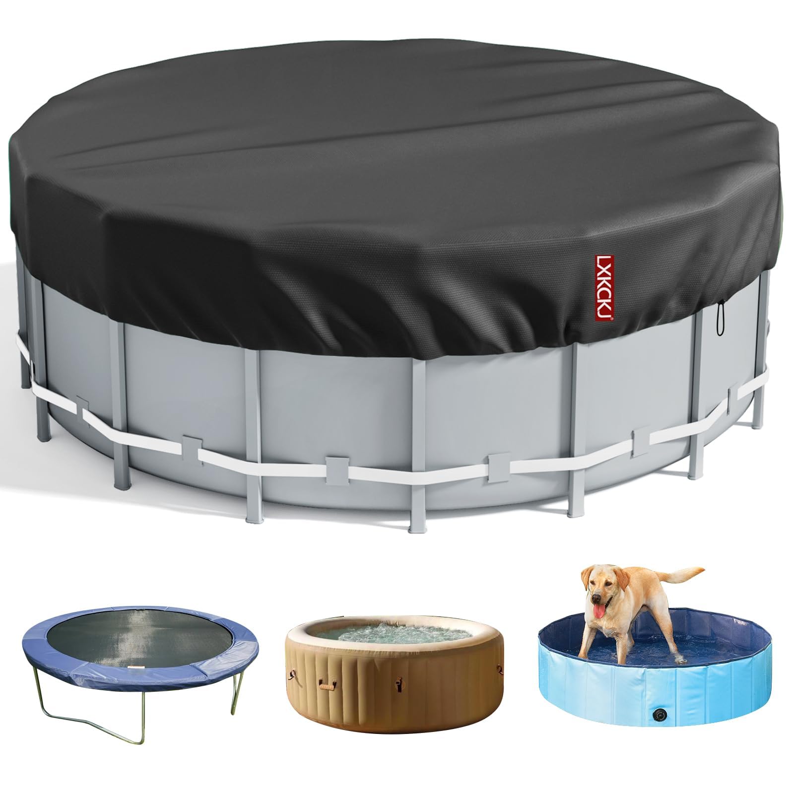 LXKCKJ 15 Ft Round Pool Cover, Solar Covers for Above Ground Pools, Inground Pool Cover Protector with Drawstring Design Increase Stability, Hot Tub Cover Ideal for Waterproof and Dustproof (Black)