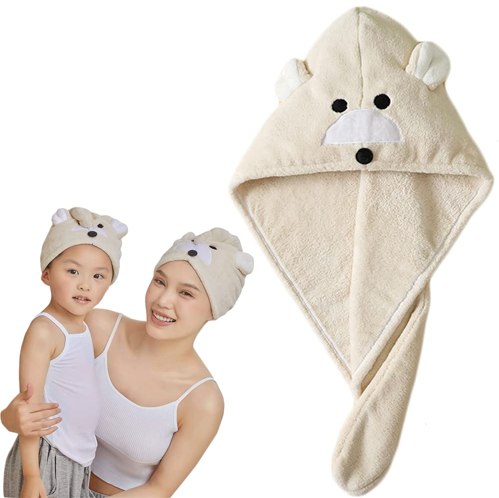 Cysocool Anti-Frizz Women Ladies Hair Towel Absorbent Quick Drying Hair Turban Towel with Button Wet Hairs Dryer Cap Ultra Soft Drying Towel Wrap Twist Hat for Curly, Long and all Hairs Type,L,Beige