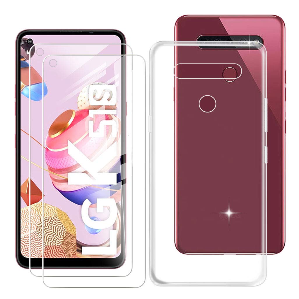 HHUAN Phone Case + 2 Pieces Tempered Glass Screen Protector for LG K51S (6.55 Inches) HD Screen Protector Ultra Thin Transparent Soft Silicone Shell TPU Protective Case Cover - Transparent