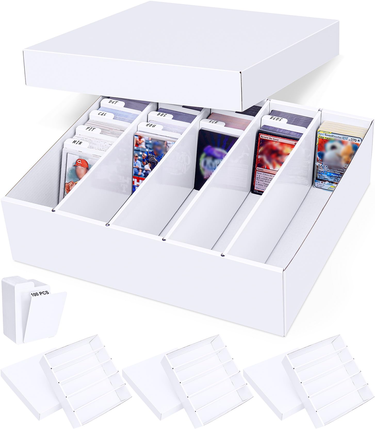 Leyzan 5 Row Trading Card Storage Box, 4 Pack Cardboard Storage Box with Divider for Mtg, Tcg, Sports Cards