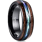 Vakki 6mm/8mm Tungsten Rings for Men Hawaiian Koa Wood Inlay Dome Abalone Shell/Blue Center Wedding Bands Comfort Fit Size 4 to 17
