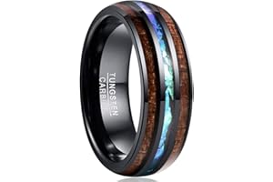 Vakki 6mm/8mm Tungsten Rings for Men Hawaiian Koa Wood Inlay Dome Abalone Shell/Blue Center Wedding Bands Comfort Fit Size 4 to 17