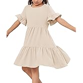Geckatte Girls Dresses Summer Casual Floral Print Ruffle Short Sleeve Tiered Pleated Kids A-Line T-Shirt Dress Size 5-14