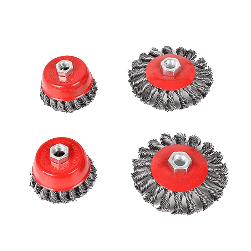 Hoypeyfiy 4pcs Wire Brush Set Kit for 115mm Sander Angle Grinder, Carbon Steel, Twist Knot Bristles, 75mm & 100mm Diameter, M14 Mount