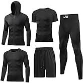 JULY'S SONG Men Compression Workout Set 5 PCS Dry Quick Shirt Pants Shorts Tights Jacket Clothes for Gym