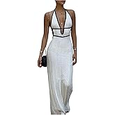 GORGLITTER Women's Deep V Halter Knit Boho Maxi Dress Backless Crochet Birthday Fall Wedding Guest Long Dresses