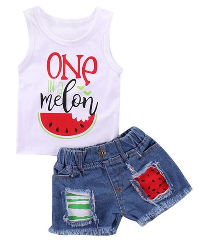 Little Girls One in A Melon Watermelon Vest Tank Tops + Tassel Denim Shorts Size 6-12 Months/Tag80 (White)