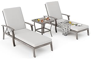 HAPPATIO Aluminum Patio Chaise Lounge Set 3 Pieces, Aluminum Patio Lounge Chair with Side Table, Pool Lounge Chair with Cushions for Patio Deck Poolside (Gray)