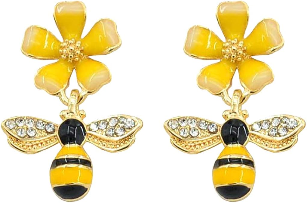 Gold Plated Bee Crystal Yellow Enamel Flower Stud Dangle Drop Earrings for Women and Girls