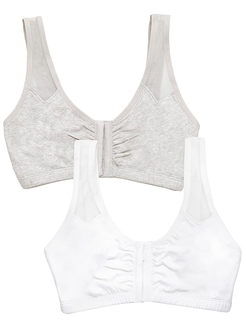 Fruit of the Loom Women's Comfort Front Close Sport Bra with Mesh Straps, Heather Grey/White