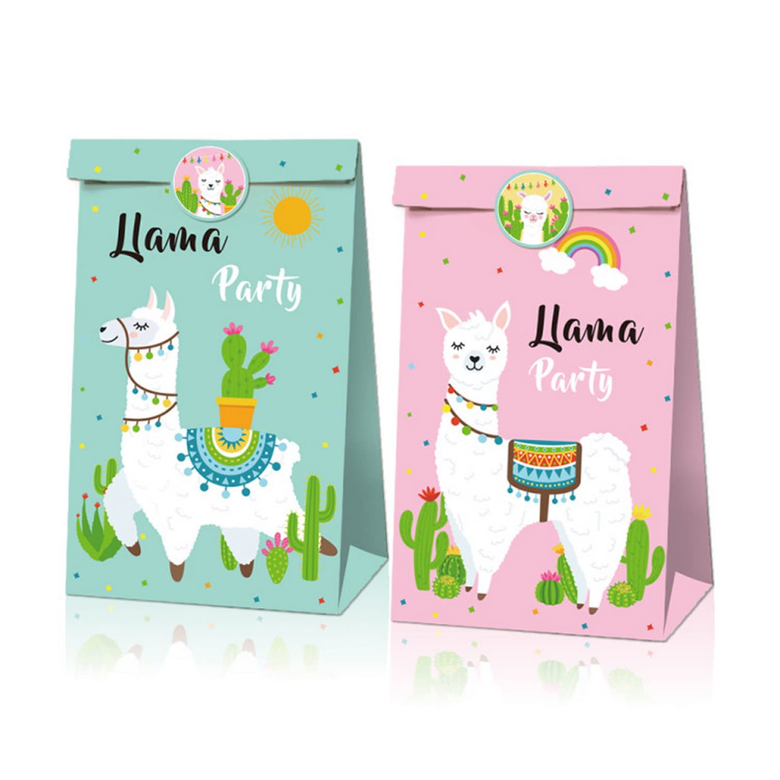 12 Pack Alpaca Pattern Gift Bags, Cactus Themed Party Favor Paper Bags, Candy Treat Bags with Stickers, Birthday Party Supplies Goody Bags, Bridal Shower Party Gift Bags