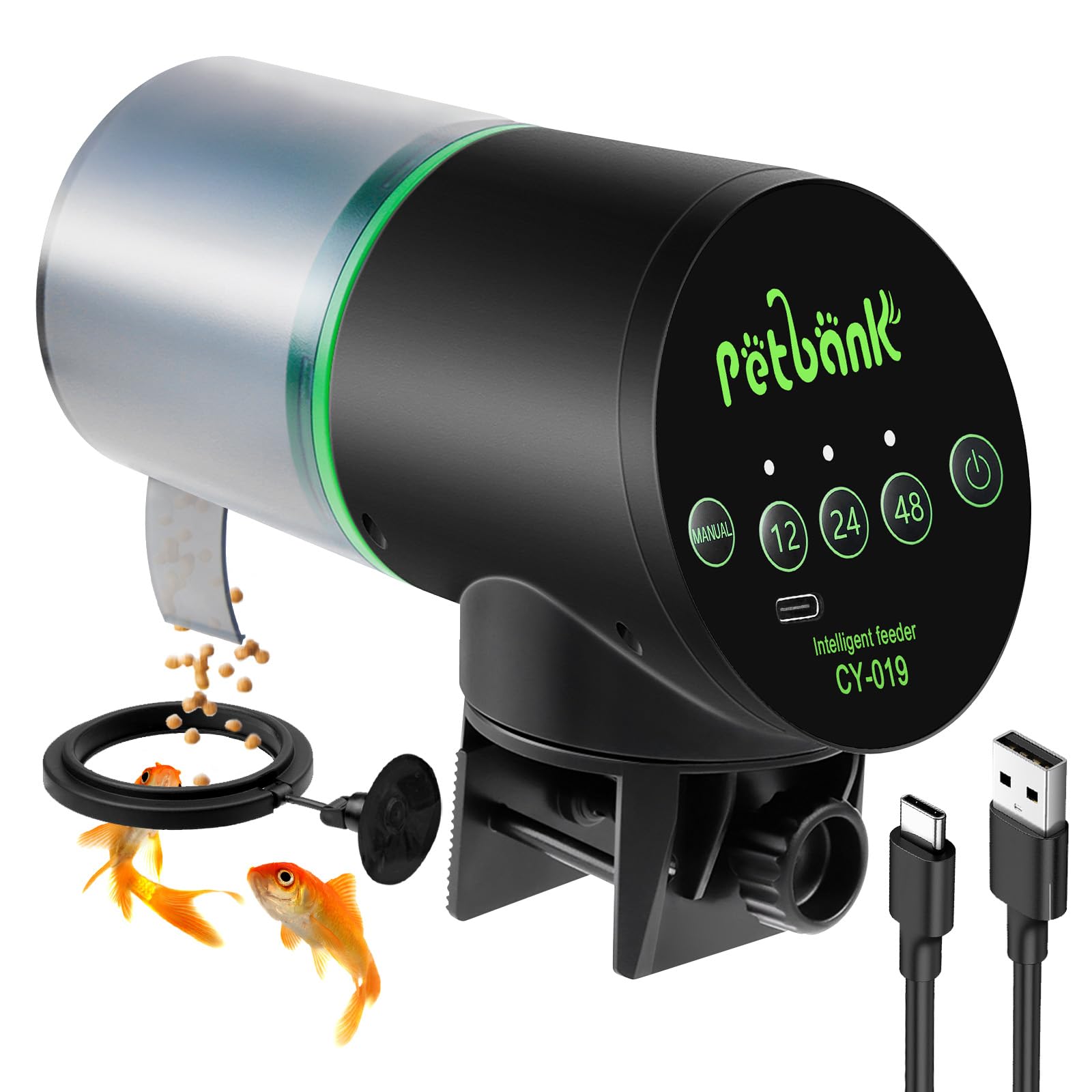 Photo 1 of Petbank Automatic Fish Feeder for Aquarium - Auto Fish Food Dispenser Rechargeable for Small Large Tank with USB Charger Cable?12/24/48H Interval Esay Set Up (Black, CY-019)