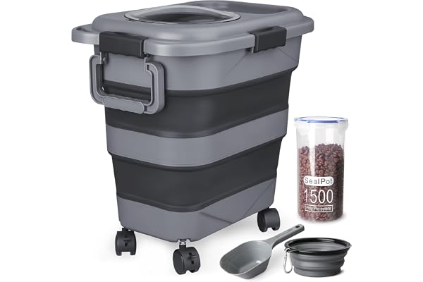TIOVERY Dog Food Storage Container, 10-25 lbs Airtight Collapsible Cat Food Container With Attachable Wheels, Portable Handle
