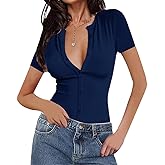 INFITTY T Shirts for Women Short Sleeve V Neck Ribbed Knit Button T Shirts Solid Color Summer Tops