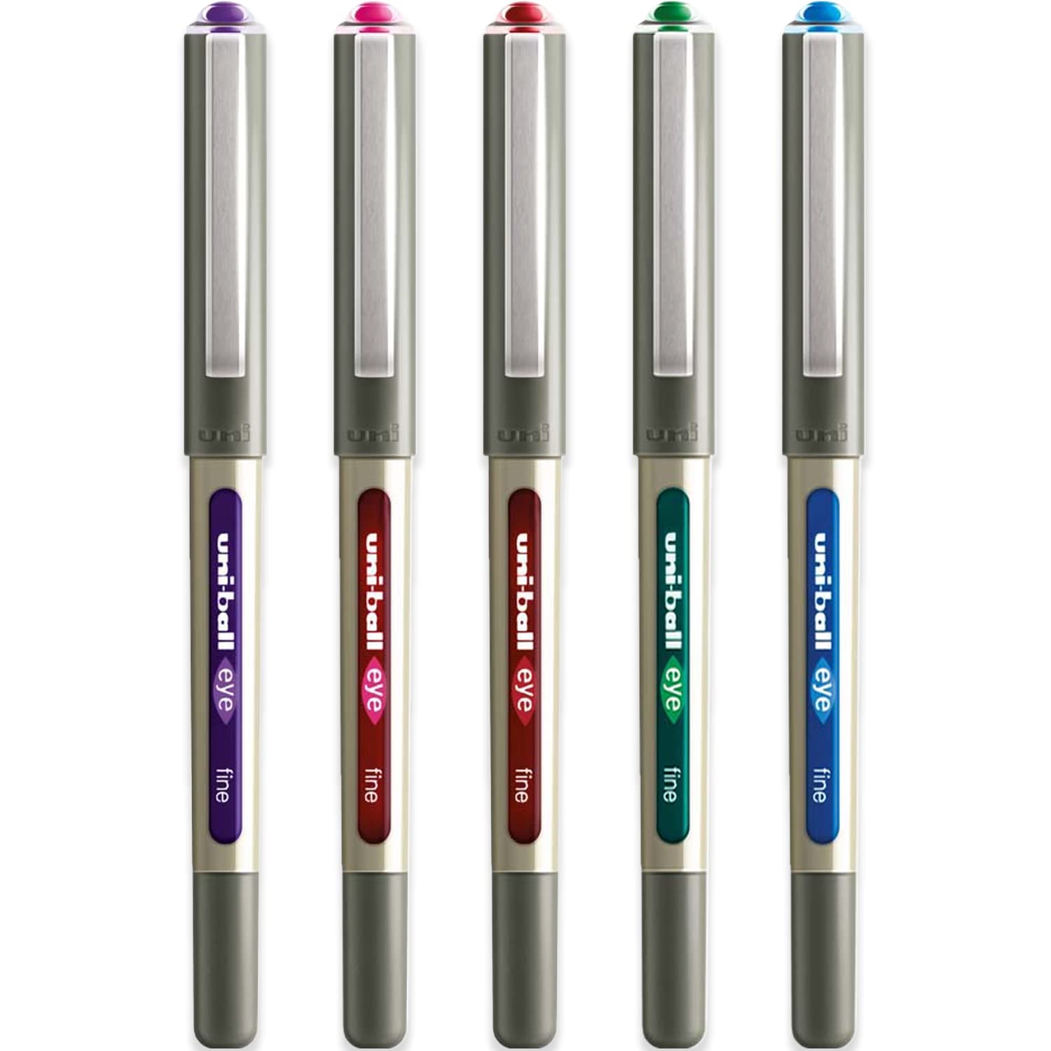 Uni-Ball UB-157 Eye Rollerball Pen Set - Pack of 5 Swatch Colours (Violet, Pink, Red, Green, Light Blue) UB157