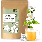 Fescha Organic Decaf Jasmine Green Tea Bags Flower-scented Tea (50-count), Eco-Conscious Tea Bags, Packed by Resealable Kraft Bag