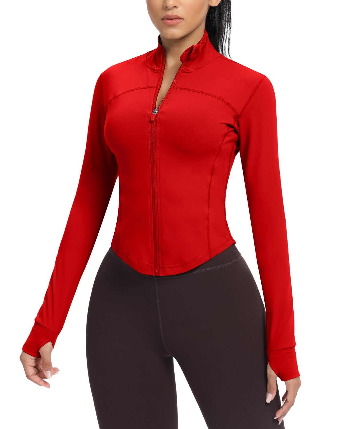 Photo 1 of AVGO Women's Cropped Running Workout Jackets Zip Slim Fit Athletic Tops with Thumb Holes(Red, XL)