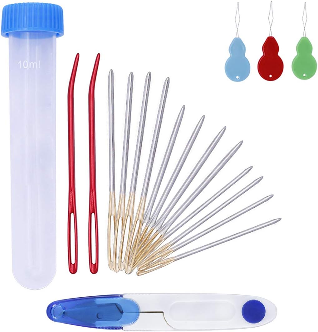 Jumbo Bent Tip Tapestry Needles and Large-Eyes Blunt Steel Darning Yarn Stitching Needles Sewing Needles, Bonus 3 Threaders,Scissor,18 Packs