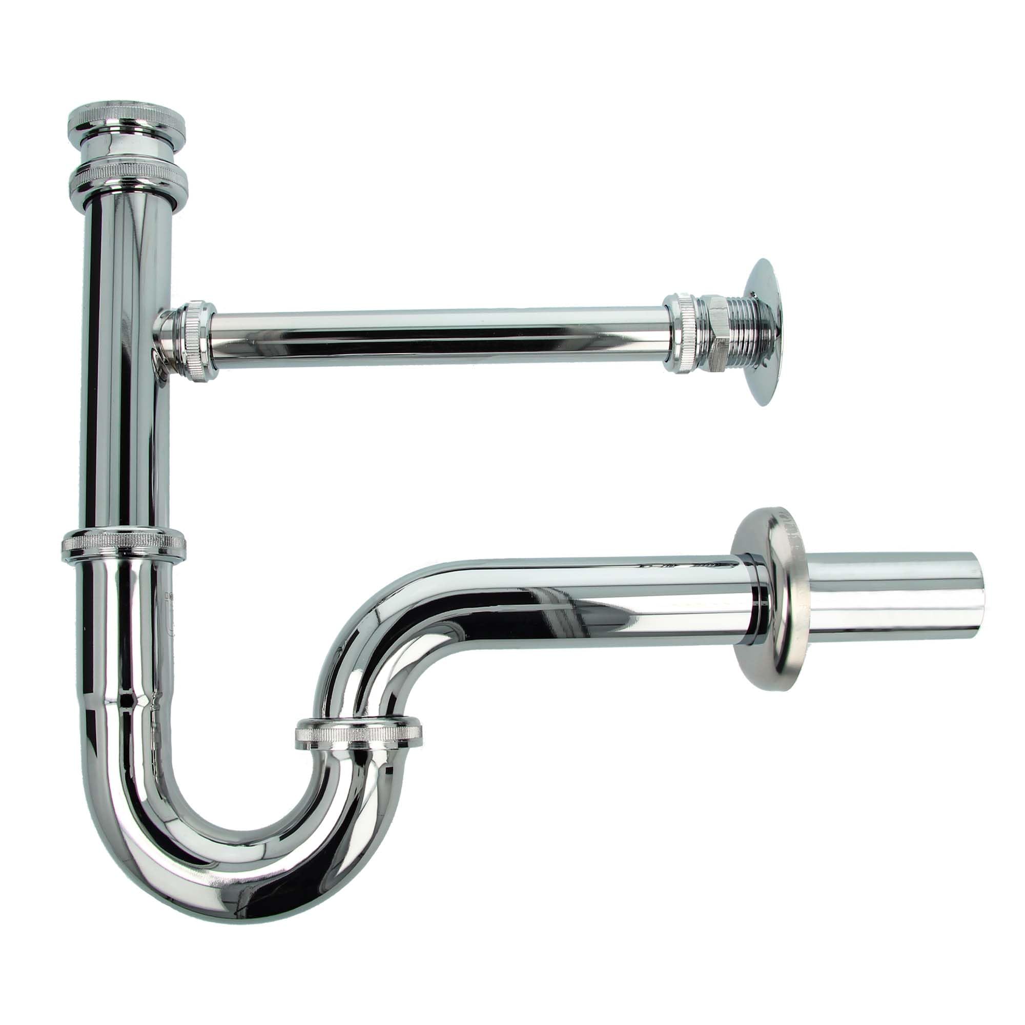 Tecuro Tubular Drain Trap with Water Leakage Connection Made From Chrome-Plated Brass