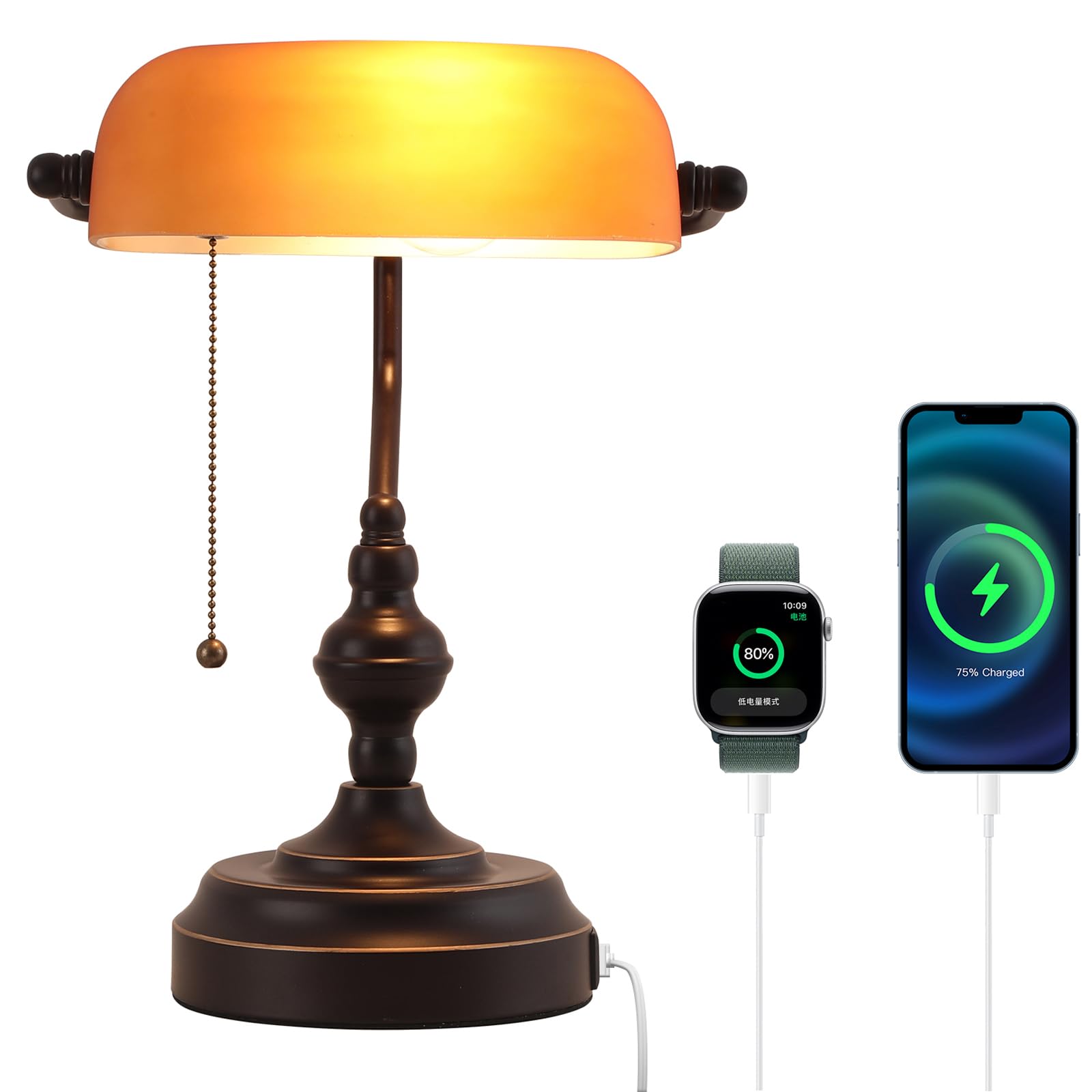 Photo 1 of Liylan Bankers Desk Lamp with Pull Chain Switch, Vintage Banker's Desk Lamp with USB A and Type C Charging Port, Library Lamp for Office Study Room, Amber Glass Bronze Desk Lamps