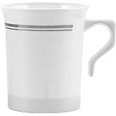 BloominGoods 50 Heavyweight Disposable White Plastic 8 oz. Coffee Mugs with Silver Trim | Tea, Cappuccino, Espresso Cups with Handles (50-Pack)