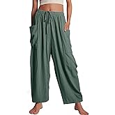 Kissonic Womens Wide Leg Pants Casual Loose Drawstring Flowy Summer Beach Palazzo Harem Pants with Pockets