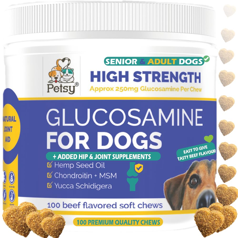Petsy Glucosamine for Dogs Chondroitin MsM HempActive 100 Chews for Hip & Joint supplements Dogs of All Breed/Age Natural Daily Joint Cartilage Maintenance