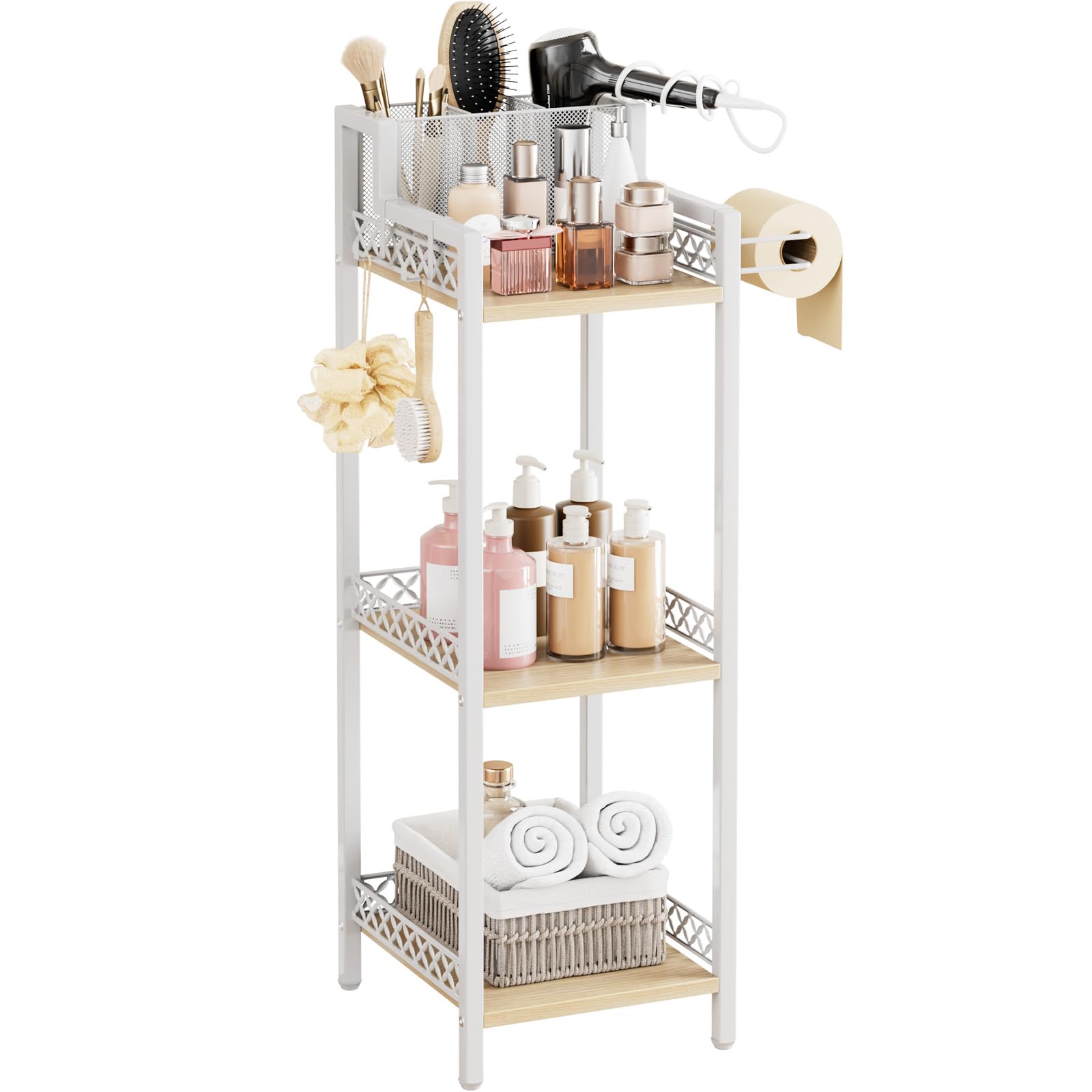 FURFUN Slim Bathroom Storage Shelf Unit, 3 Tier Corner Storage, Rustic Makeup Organizer, Space-Saving Floor Standing Storage Shelves for Bathroom, Vanity,Kitchen, Laundry 9.85im Matte White