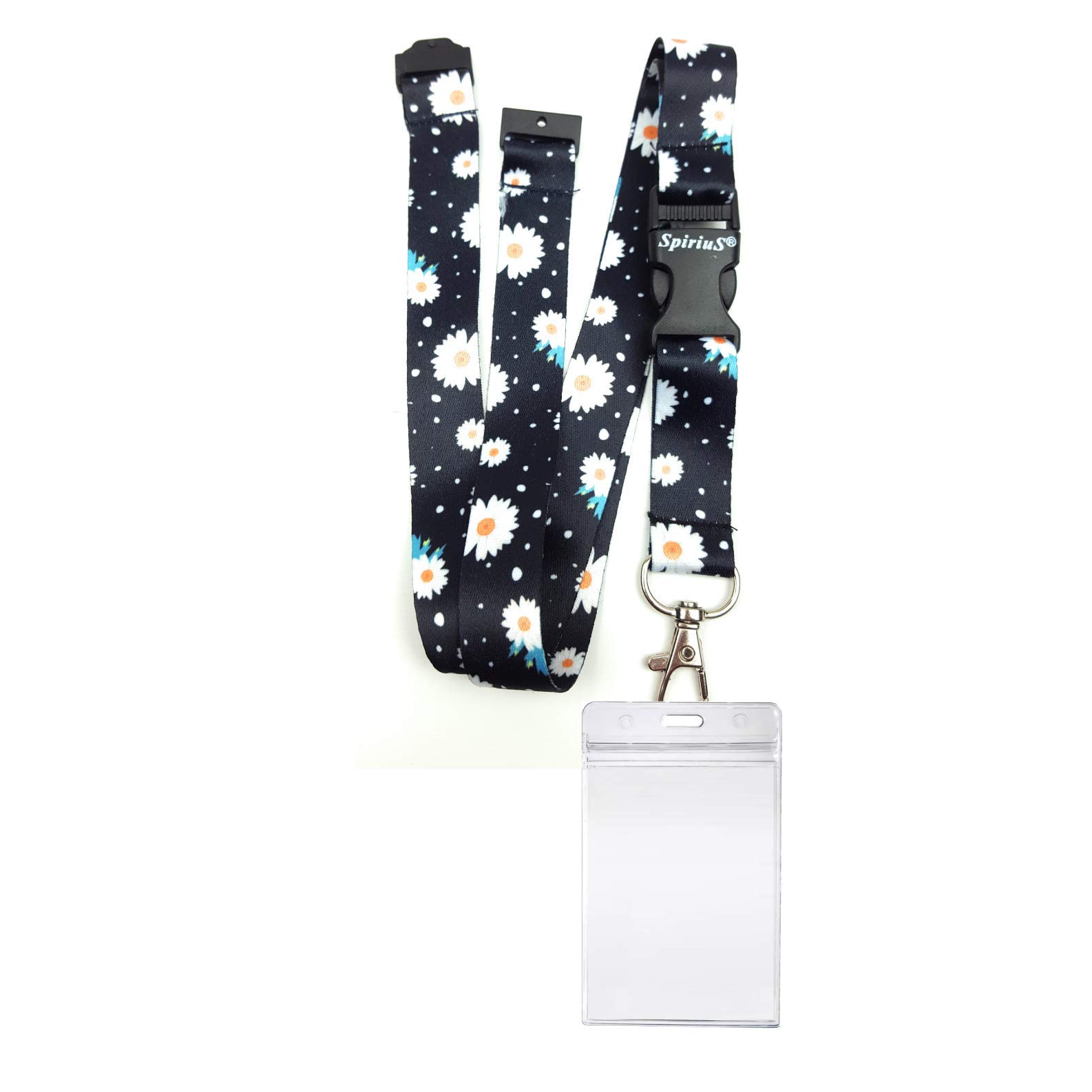 SpiriuS Lanyard Breakaway Neck Strap with Zip-Lock Waterproof Clear Plastic Badge Holder (Daisies in Black + Waterproof Badge)