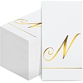 Pasimy 200 Pcs Initial Napkins Monogram Guest Napkins Gold Letter Paper Napkins Disposable Elegant Dinner Towels for Wedding Bridal Shower Holiday Birthday Party Tableware Decor(N Letter)