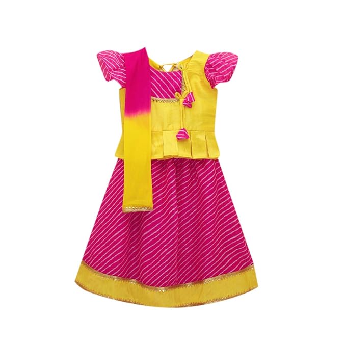 BownBee By Hopscotch Girls Kota-Doria Cap Sleeves All Over Printed Lengha Choli Set in Pink Color