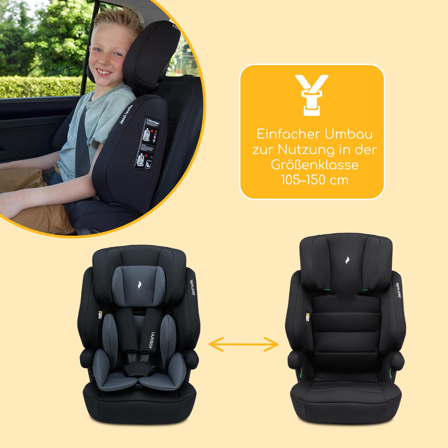 Osann Jazzi Isofix – Der sichere Kindersitz ab 1 Jahr (76–150 cm), mitwachsend mit Isofix & Top-Tether, Schutz & Geborgenheit auf jeder Fahrt - Nero 5
