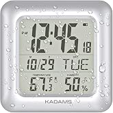 KADAMS Bathroom Clock 9.5" Kitchen Wall Clock with Large LCD Screen &ndash; Shower Clock with Suction Cup,Temperature, Humidity, Calendar &ndash; Water-Resistant, 4 Mounting Options, Silver