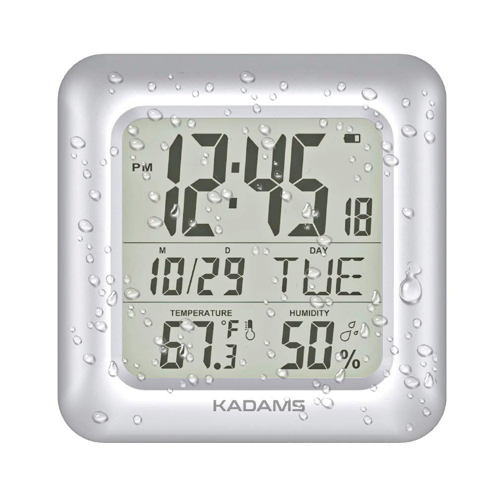 Photo 1 of KADAMS Bathroom Clock 9.5" Kitchen Wall Clock with Large LCD Screen – Shower Clock with Suction Cup,Temperature, Humidity, Calendar – Water-Resistant, 4 Mounting Options, Silver